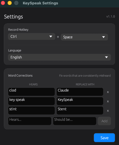 KeySpeak settings window showing hotkey configuration, language selector, and word corrections